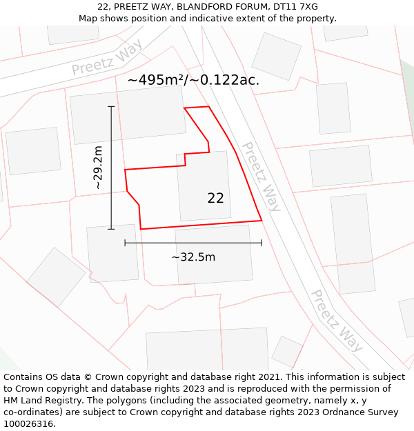 22, PREETZ WAY, BLANDFORD FORUM, DT11 7XG: Plot and title map