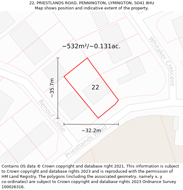 22, PRIESTLANDS ROAD, PENNINGTON, LYMINGTON, SO41 8HU: Plot and title map