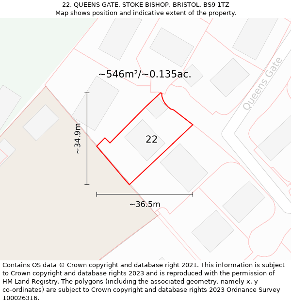 22, QUEENS GATE, STOKE BISHOP, BRISTOL, BS9 1TZ: Plot and title map