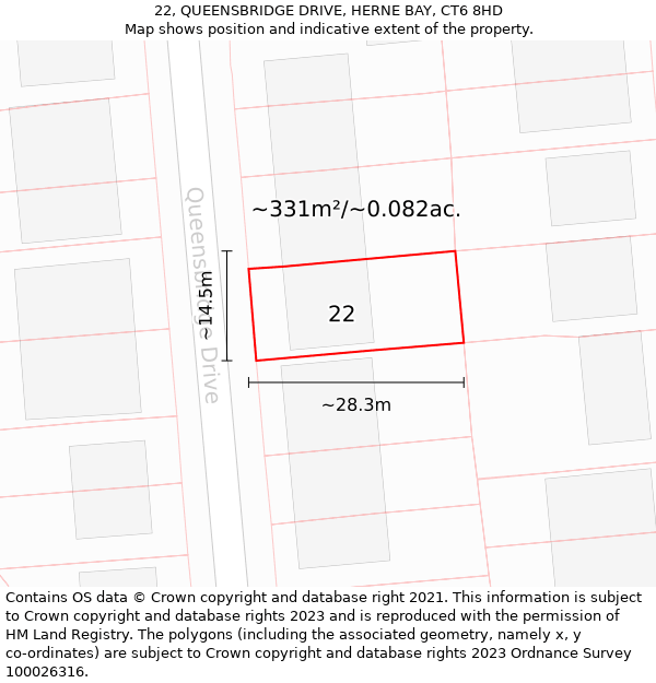 22, QUEENSBRIDGE DRIVE, HERNE BAY, CT6 8HD: Plot and title map