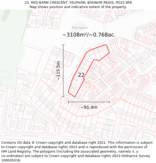 22, RED BARN CRESCENT, FELPHAM, BOGNOR REGIS, PO22 8FB: Plot and title map