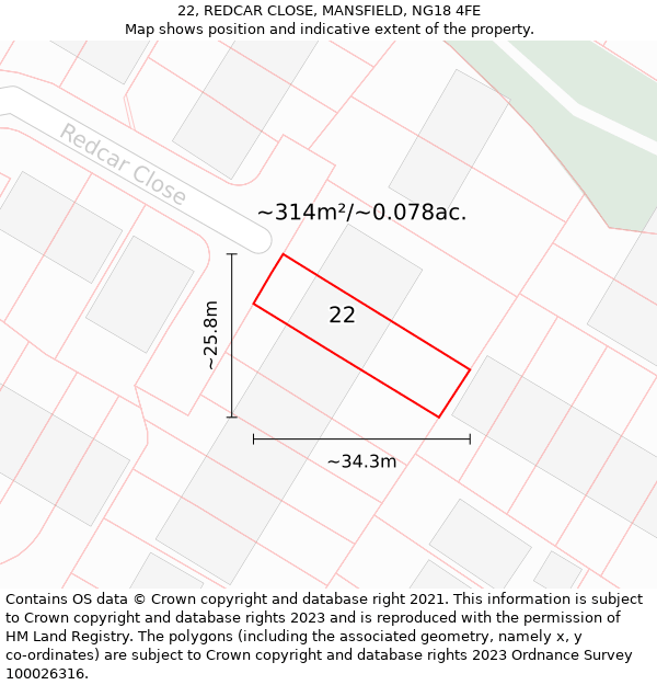 22, REDCAR CLOSE, MANSFIELD, NG18 4FE: Plot and title map