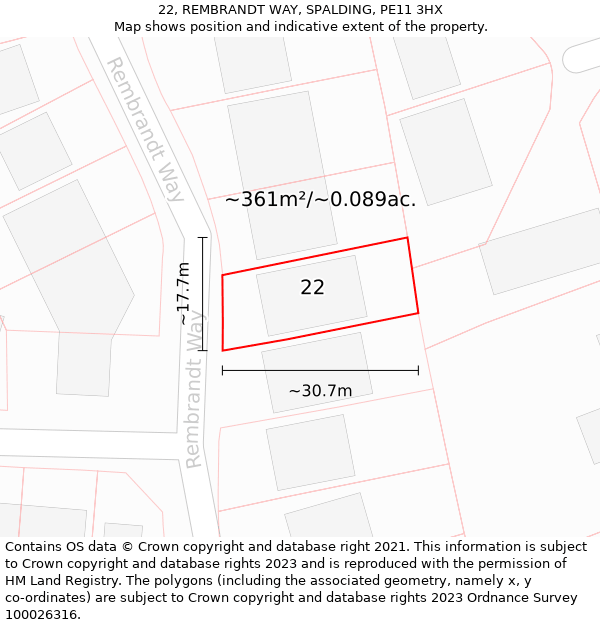 22, REMBRANDT WAY, SPALDING, PE11 3HX: Plot and title map