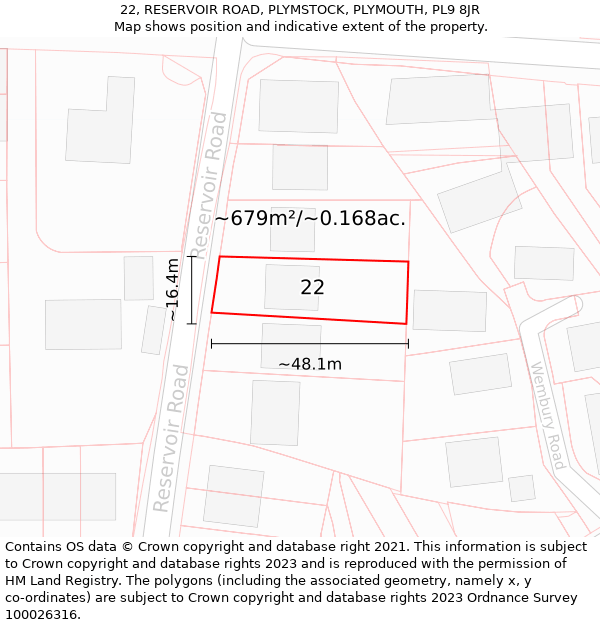 22, RESERVOIR ROAD, PLYMSTOCK, PLYMOUTH, PL9 8JR: Plot and title map