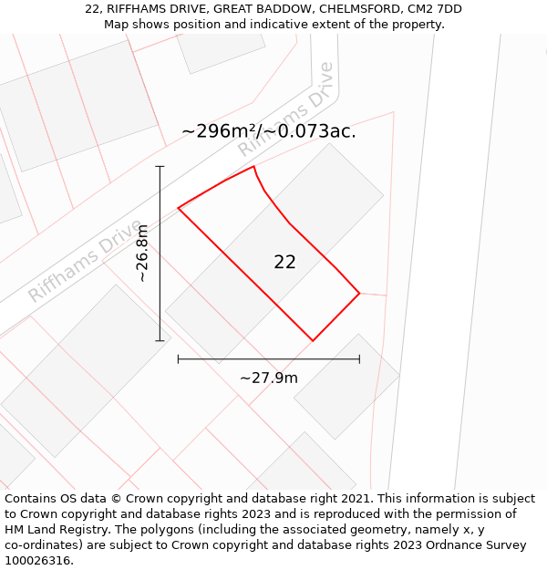 22, RIFFHAMS DRIVE, GREAT BADDOW, CHELMSFORD, CM2 7DD: Plot and title map