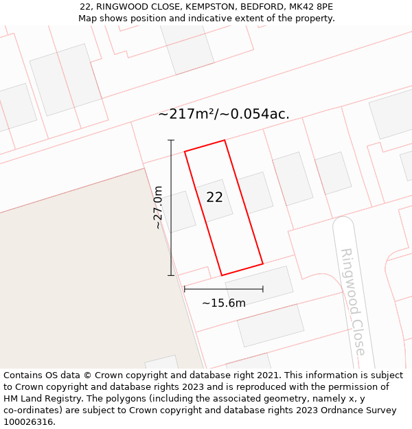 22, RINGWOOD CLOSE, KEMPSTON, BEDFORD, MK42 8PE: Plot and title map