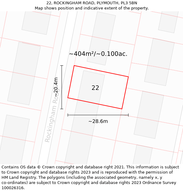 22, ROCKINGHAM ROAD, PLYMOUTH, PL3 5BN: Plot and title map