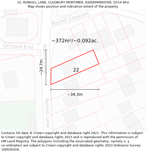 22, RONHILL LANE, CLEOBURY MORTIMER, KIDDERMINSTER, DY14 8AU: Plot and title map