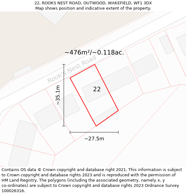 22, ROOKS NEST ROAD, OUTWOOD, WAKEFIELD, WF1 3DX: Plot and title map