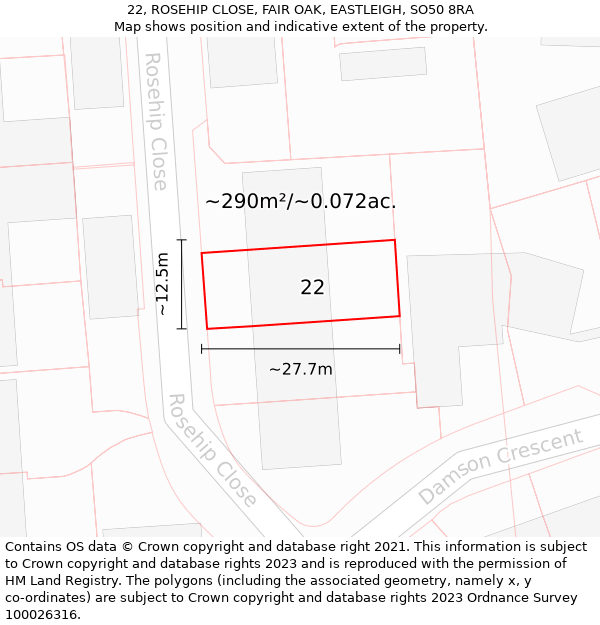 22, ROSEHIP CLOSE, FAIR OAK, EASTLEIGH, SO50 8RA: Plot and title map