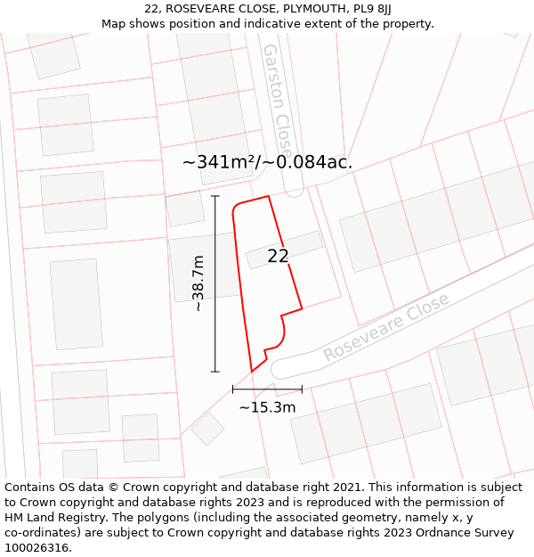 22, ROSEVEARE CLOSE, PLYMOUTH, PL9 8JJ: Plot and title map