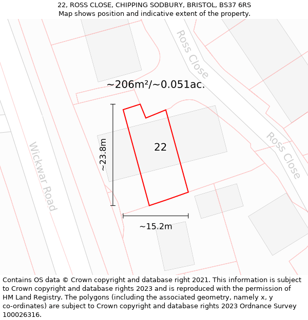 22, ROSS CLOSE, CHIPPING SODBURY, BRISTOL, BS37 6RS: Plot and title map