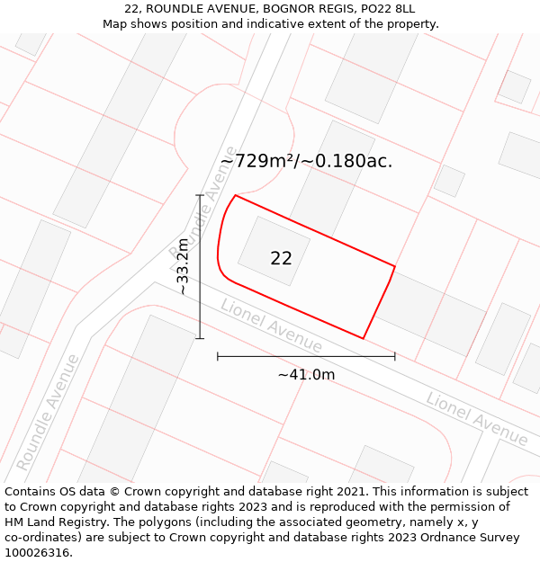 22, ROUNDLE AVENUE, BOGNOR REGIS, PO22 8LL: Plot and title map