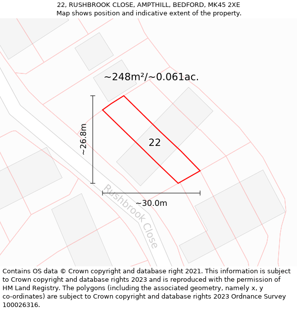 22, RUSHBROOK CLOSE, AMPTHILL, BEDFORD, MK45 2XE: Plot and title map