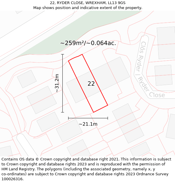 22, RYDER CLOSE, WREXHAM, LL13 9GS: Plot and title map