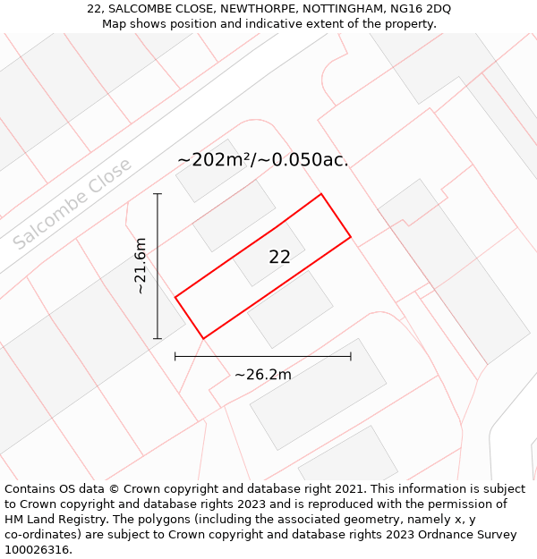 22, SALCOMBE CLOSE, NEWTHORPE, NOTTINGHAM, NG16 2DQ: Plot and title map