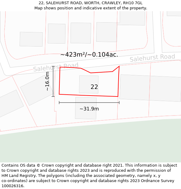 22, SALEHURST ROAD, WORTH, CRAWLEY, RH10 7GL: Plot and title map