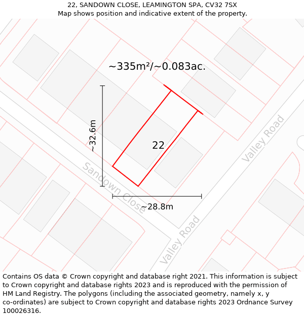22, SANDOWN CLOSE, LEAMINGTON SPA, CV32 7SX: Plot and title map