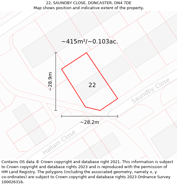 22, SAUNDBY CLOSE, DONCASTER, DN4 7DE: Plot and title map