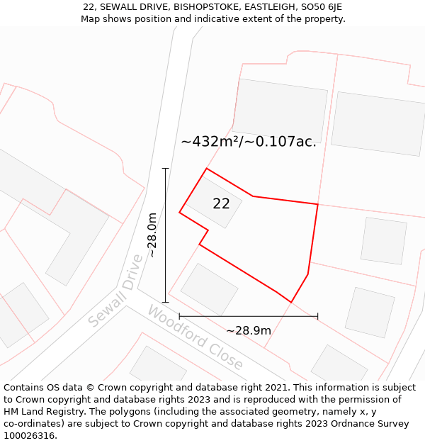 22, SEWALL DRIVE, BISHOPSTOKE, EASTLEIGH, SO50 6JE: Plot and title map