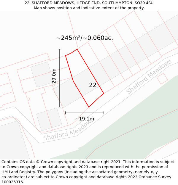 22, SHAFFORD MEADOWS, HEDGE END, SOUTHAMPTON, SO30 4SU: Plot and title map