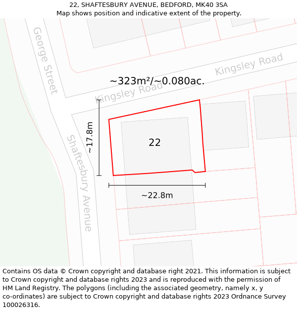 22, SHAFTESBURY AVENUE, BEDFORD, MK40 3SA: Plot and title map