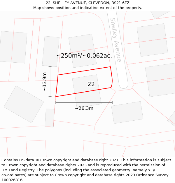 22, SHELLEY AVENUE, CLEVEDON, BS21 6EZ: Plot and title map