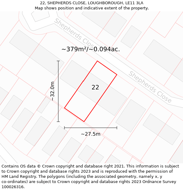 22, SHEPHERDS CLOSE, LOUGHBOROUGH, LE11 3LA: Plot and title map