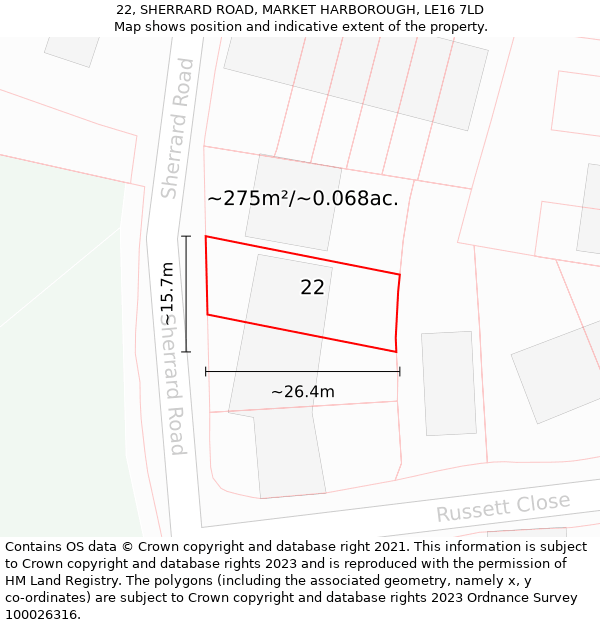 22, SHERRARD ROAD, MARKET HARBOROUGH, LE16 7LD: Plot and title map