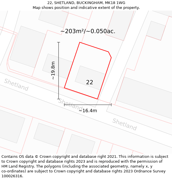 22, SHETLAND, BUCKINGHAM, MK18 1WG: Plot and title map