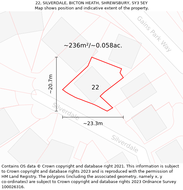 22, SILVERDALE, BICTON HEATH, SHREWSBURY, SY3 5EY: Plot and title map