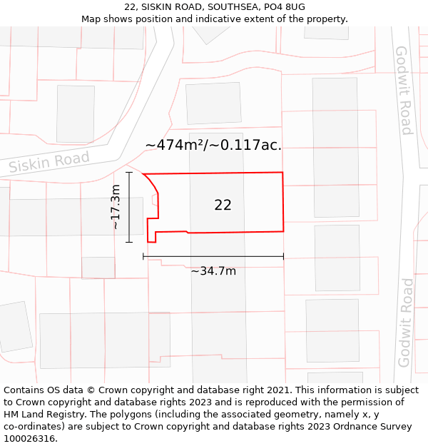 22, SISKIN ROAD, SOUTHSEA, PO4 8UG: Plot and title map