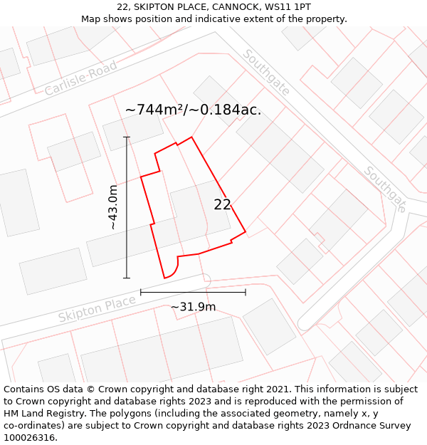 22, SKIPTON PLACE, CANNOCK, WS11 1PT: Plot and title map