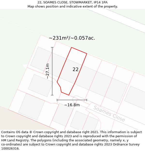 22, SOAMES CLOSE, STOWMARKET, IP14 1PA: Plot and title map