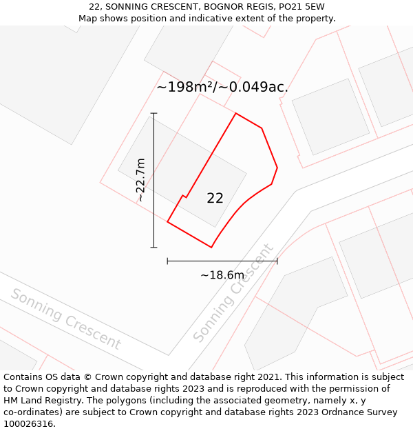 22, SONNING CRESCENT, BOGNOR REGIS, PO21 5EW: Plot and title map