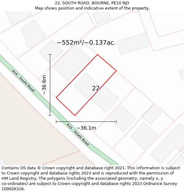 22, SOUTH ROAD, BOURNE, PE10 9JD: Plot and title map