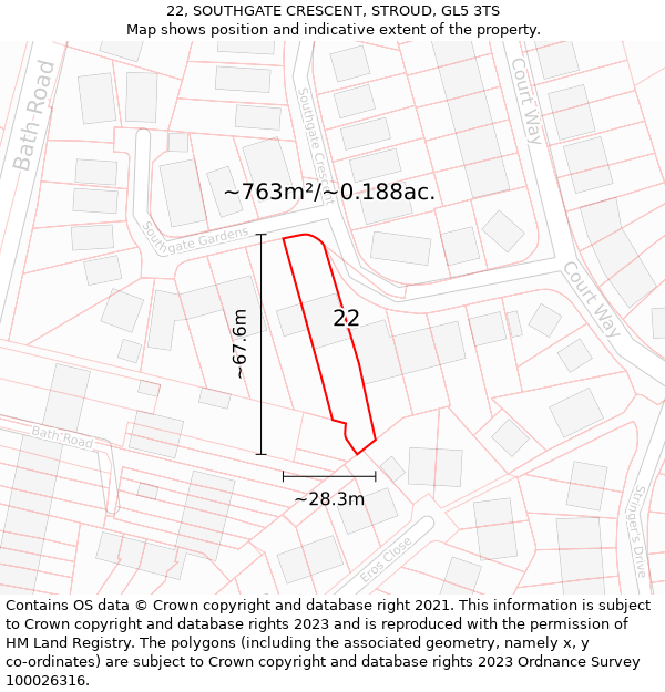 22, SOUTHGATE CRESCENT, STROUD, GL5 3TS: Plot and title map