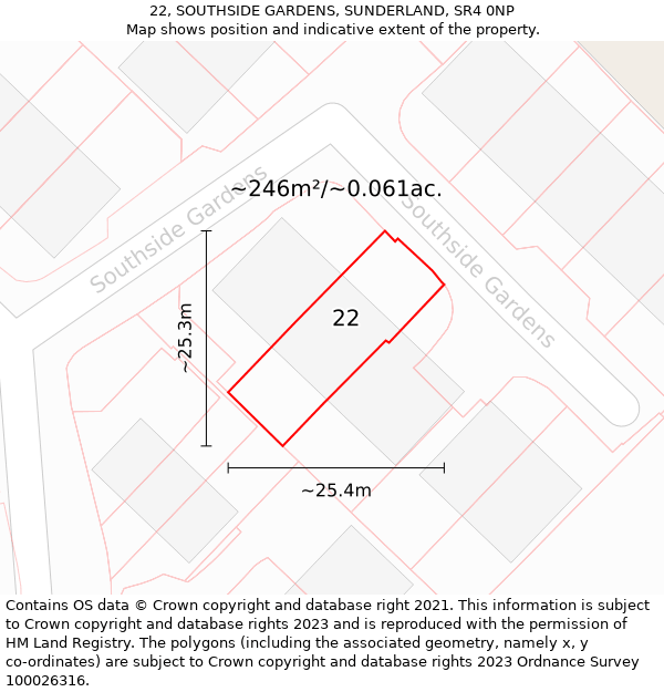 22, SOUTHSIDE GARDENS, SUNDERLAND, SR4 0NP: Plot and title map