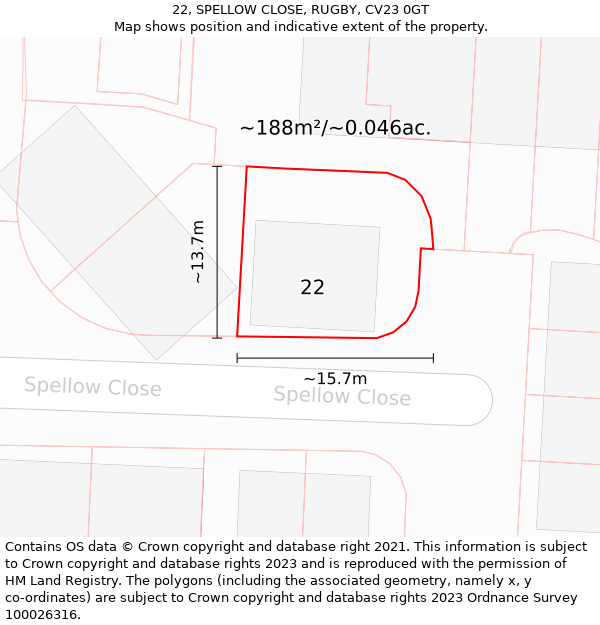 22, SPELLOW CLOSE, RUGBY, CV23 0GT: Plot and title map