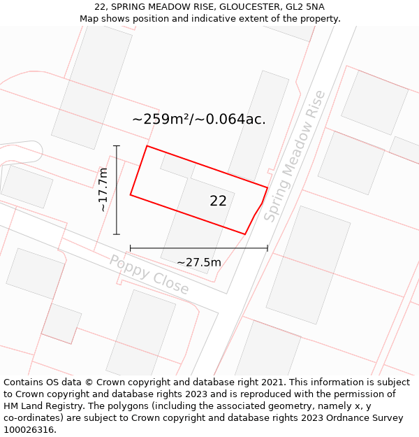 22, SPRING MEADOW RISE, GLOUCESTER, GL2 5NA: Plot and title map