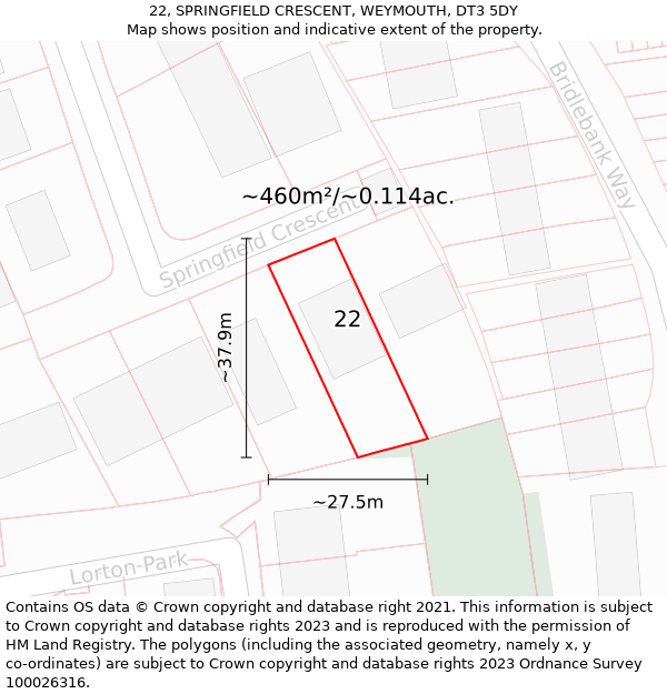 22, SPRINGFIELD CRESCENT, WEYMOUTH, DT3 5DY: Plot and title map