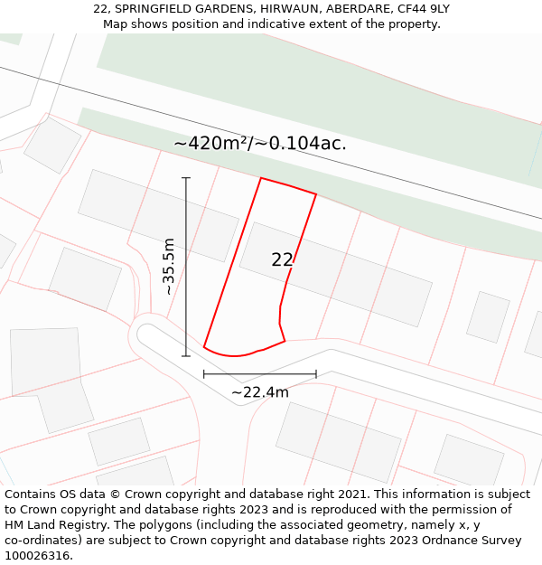 22, SPRINGFIELD GARDENS, HIRWAUN, ABERDARE, CF44 9LY: Plot and title map