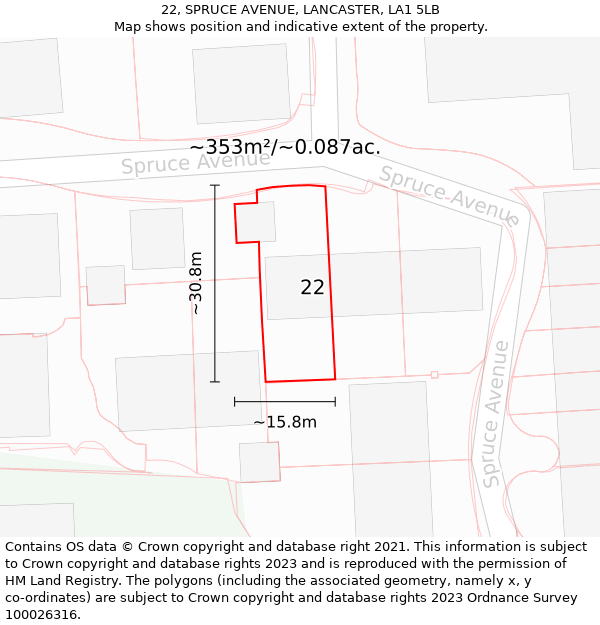 22, SPRUCE AVENUE, LANCASTER, LA1 5LB: Plot and title map