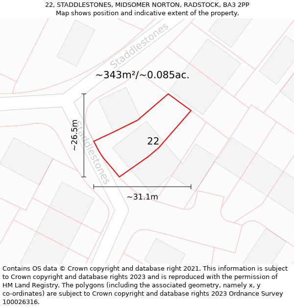 22, STADDLESTONES, MIDSOMER NORTON, RADSTOCK, BA3 2PP: Plot and title map