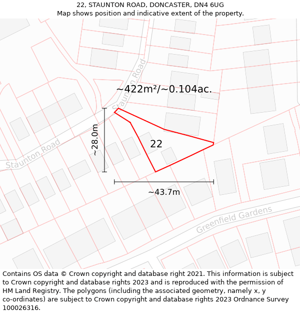 22, STAUNTON ROAD, DONCASTER, DN4 6UG: Plot and title map