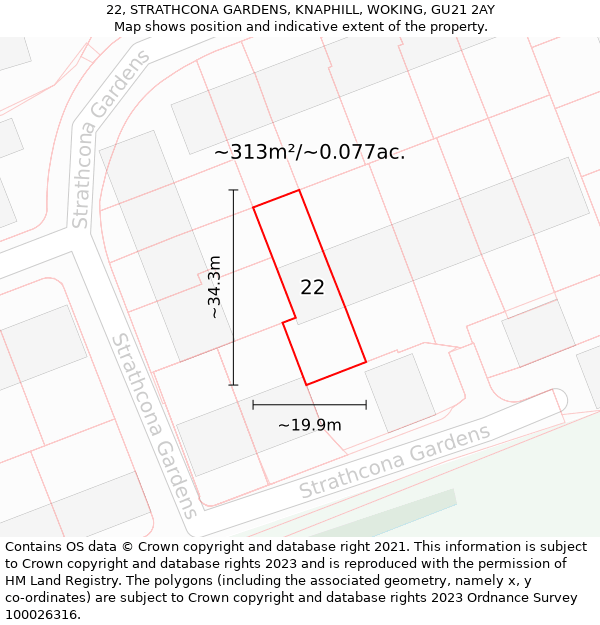 22, STRATHCONA GARDENS, KNAPHILL, WOKING, GU21 2AY: Plot and title map