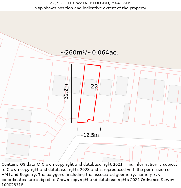 22, SUDELEY WALK, BEDFORD, MK41 8HS: Plot and title map