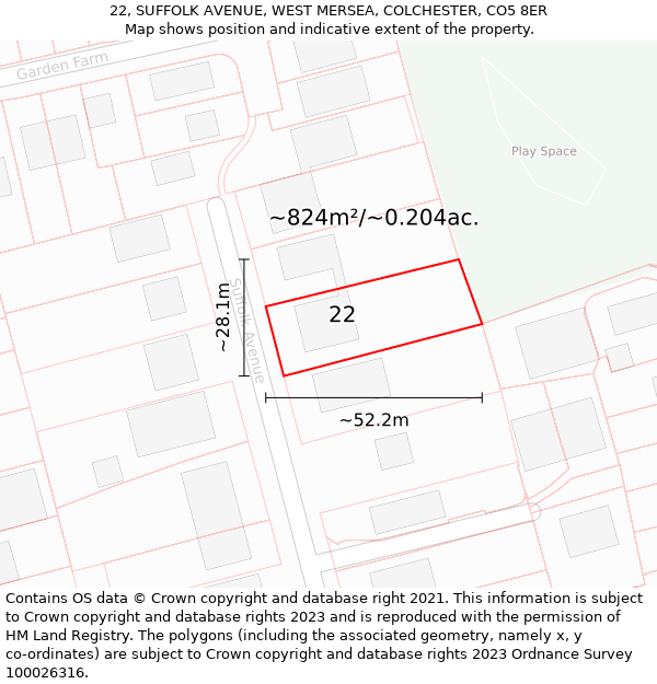 22, SUFFOLK AVENUE, WEST MERSEA, COLCHESTER, CO5 8ER: Plot and title map