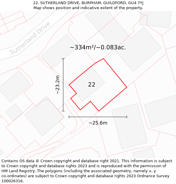 22, SUTHERLAND DRIVE, BURPHAM, GUILDFORD, GU4 7YJ: Plot and title map