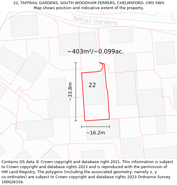 22, TAFFRAIL GARDENS, SOUTH WOODHAM FERRERS, CHELMSFORD, CM3 5WH: Plot and title map